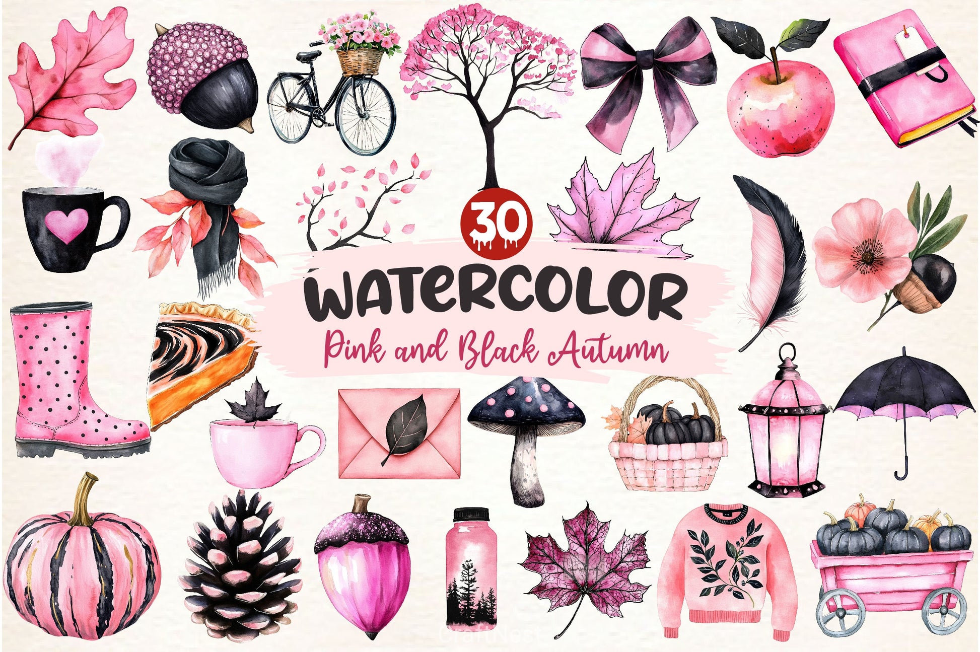 Pink And Black Autumn Clipart Bundle 3 - CraftNest - Digital Crafting and Art