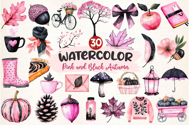 Pink And Black Autumn Clipart Bundle 3 - CraftNest - Digital Crafting and Art
