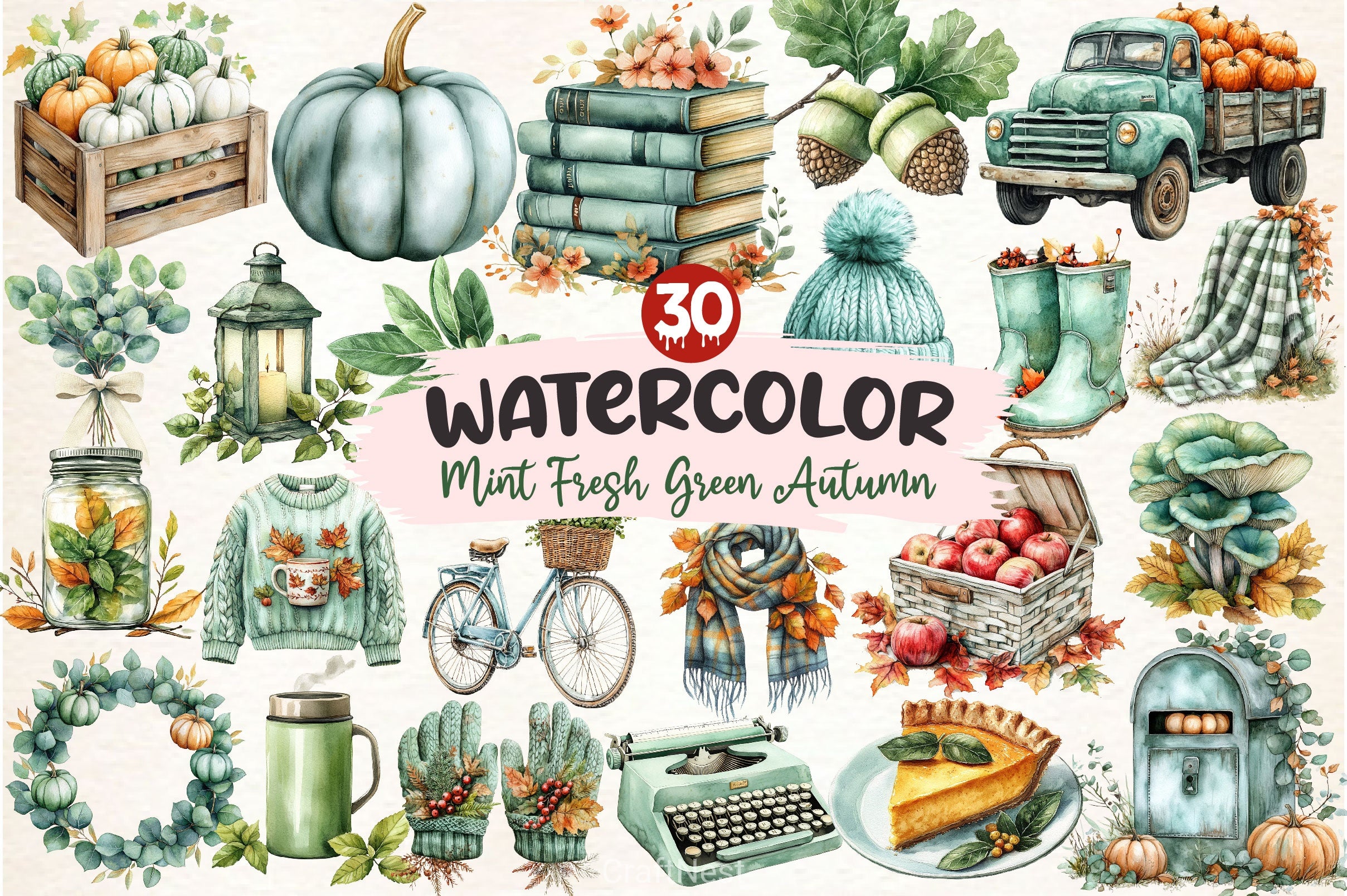 Mint Fresh Green Autumn Clipart Bundle 2 - CraftNest - Digital Crafting and Art