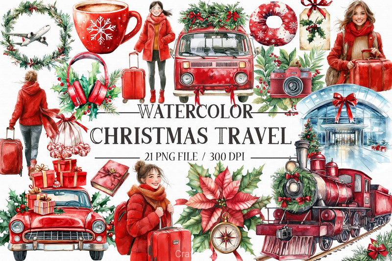 Christmas Travel Watercolor Clipart Bundle - CraftNest - Digital Crafting and Art