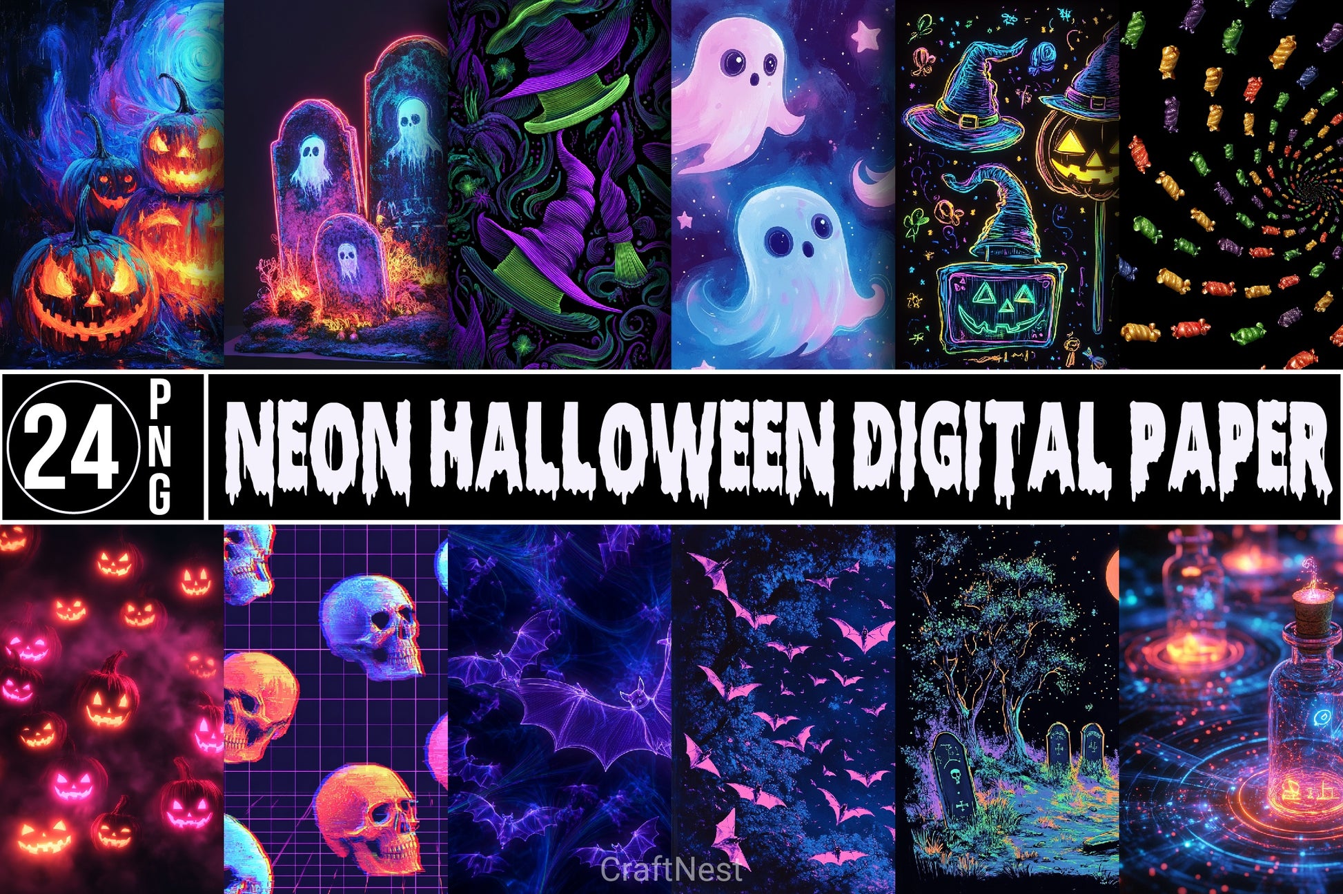 Neon Halloween Digital Paper - CraftNest - Digital Crafting and Art