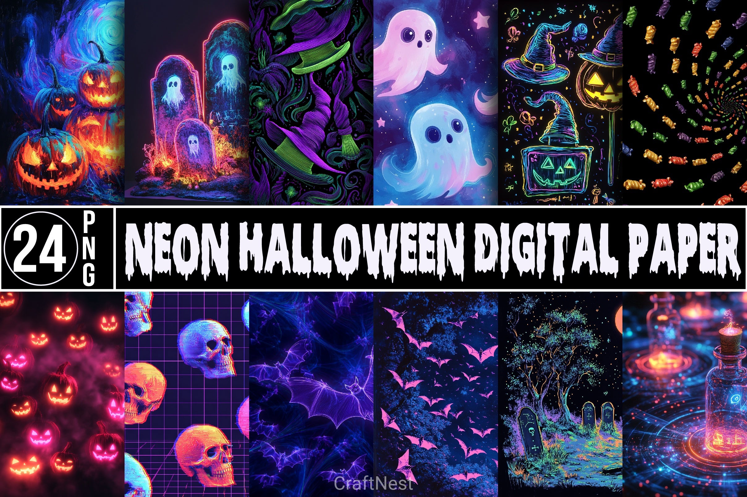 Neon Halloween Digital Paper - CraftNest - Digital Crafting and Art