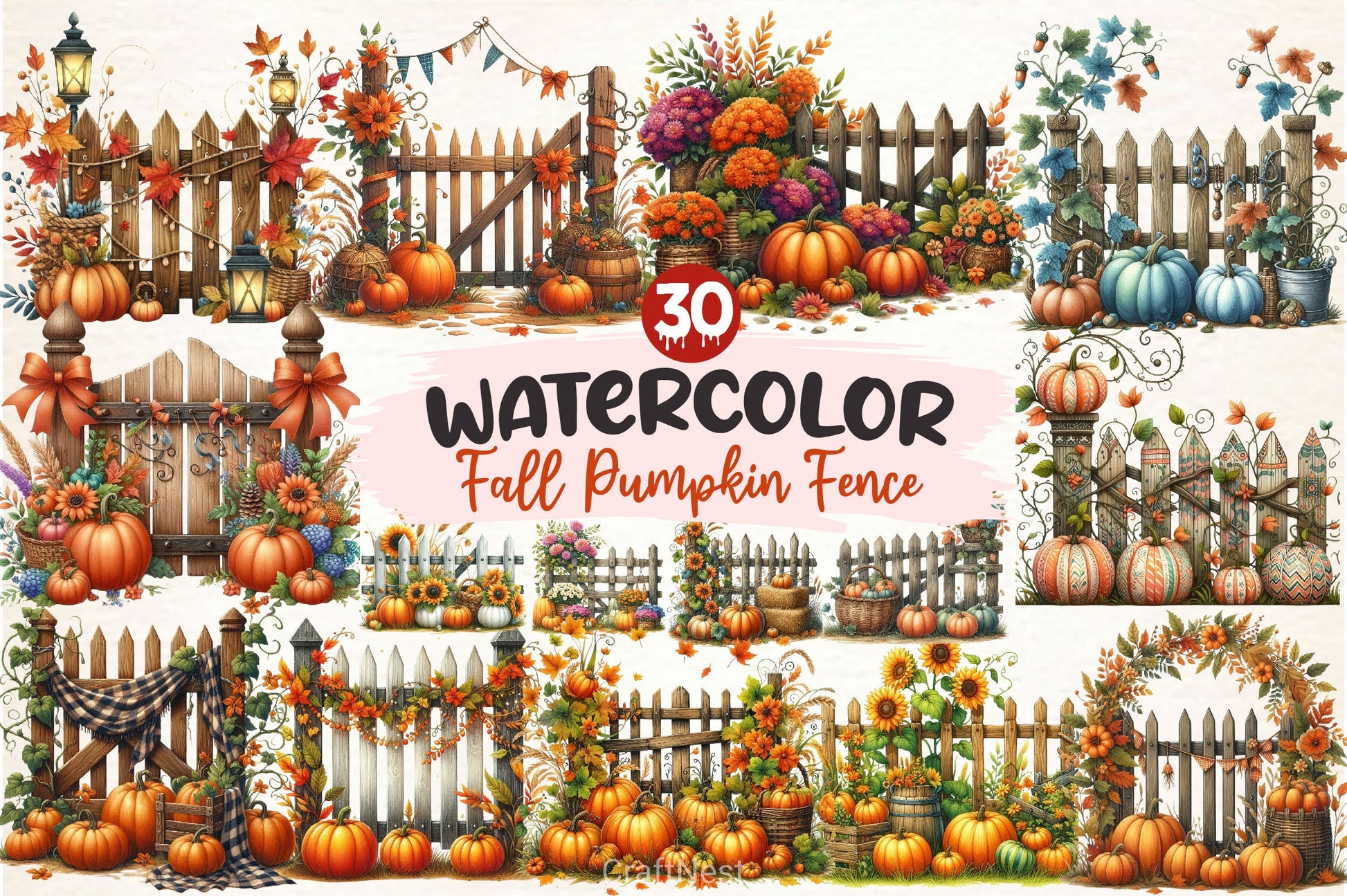 Fall Pumpkin Fence Clipart Bundle 1 - CraftNest - Digital Crafting and Art