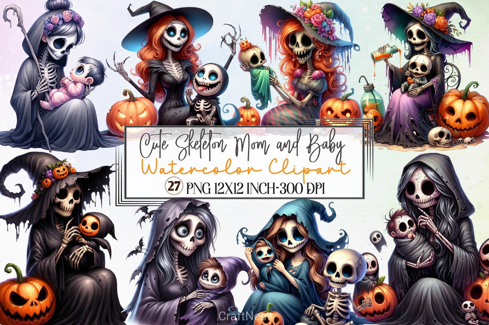 Cute Skeleton Mom & Baby Clipart Bundle - CraftNest - Digital Crafting and Art