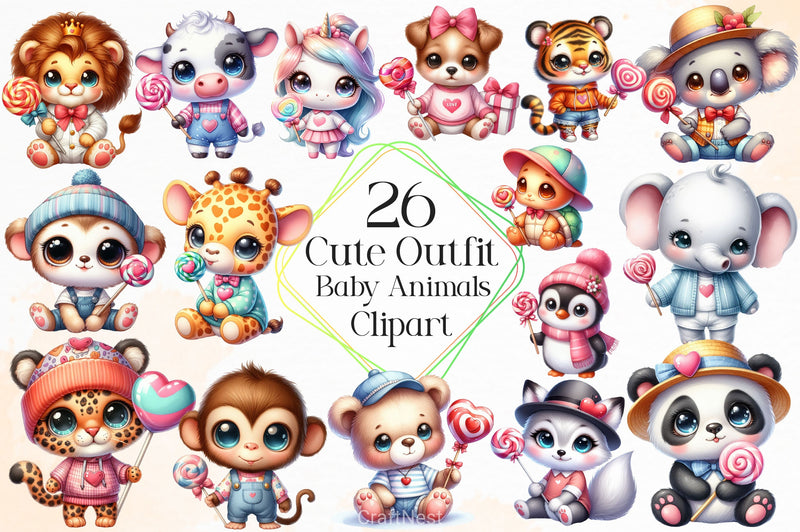 Cute Outfit Baby Animals Clipart Bundle 2 - CraftNest - Digital Crafting and Art