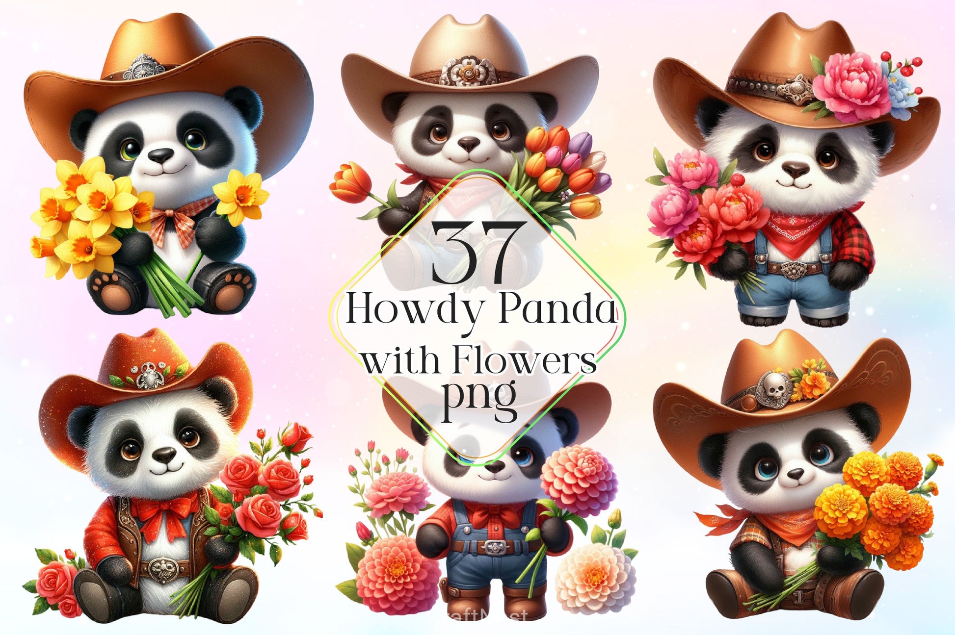 Howdy Panda With Flowers Clipart Bundle - CraftNest - Digital Crafting and Art