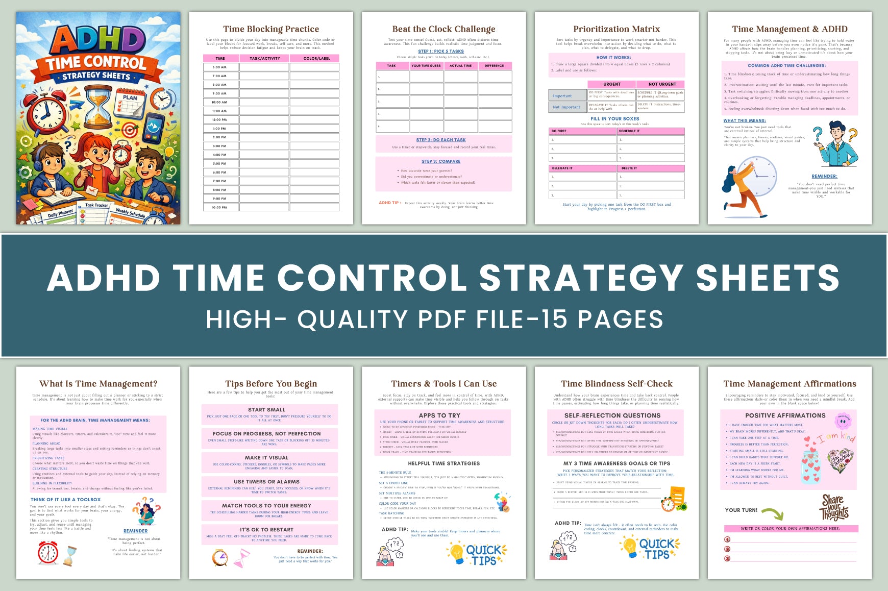 ADHD Time Control Strategy Sheets Planner
