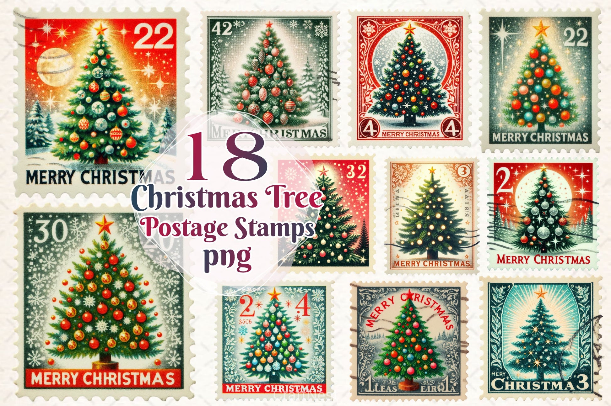 Christmas Tree Postage Stamps Clipart Bundle - CraftNest - Digital Crafting and Art