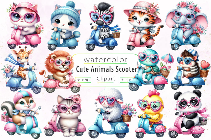 Cute Animals In Scooter Clipart Bundle - CraftNest - Digital Crafting and Art