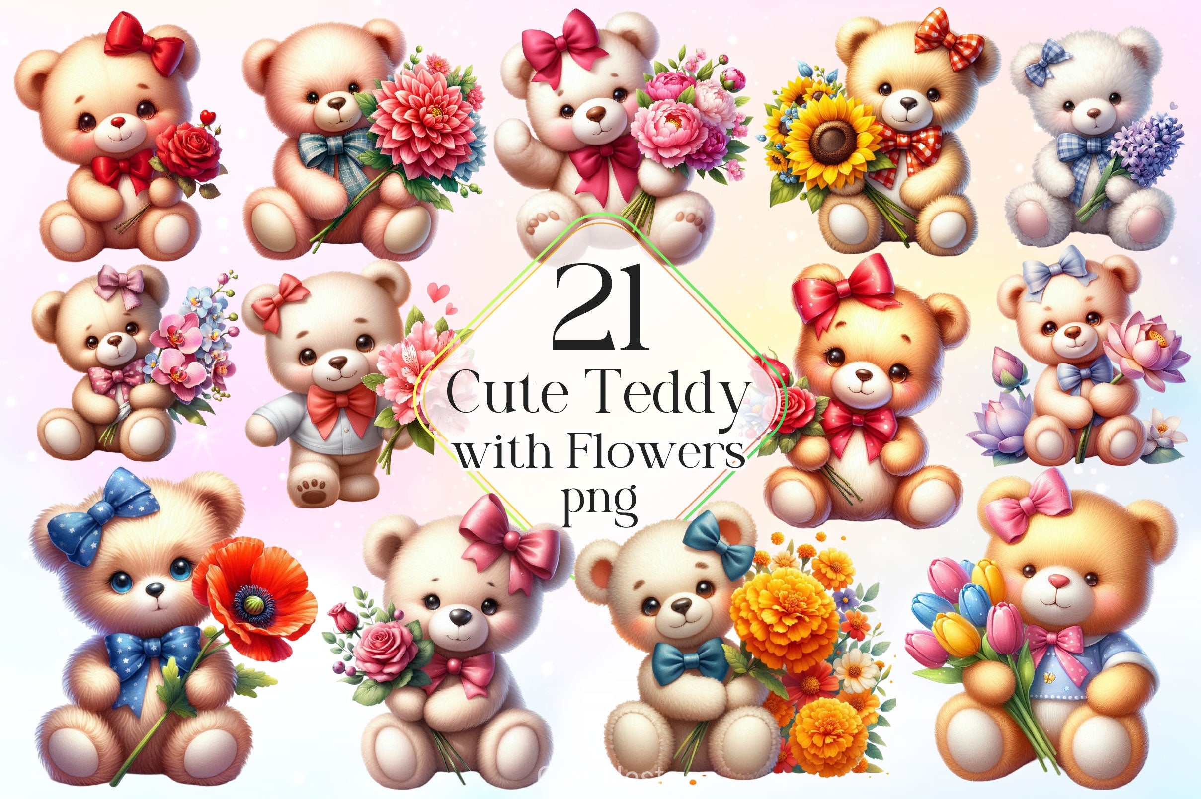 Teddy Bear Holding Flowers Clipart Bundle - CraftNest - Digital Crafting and Art