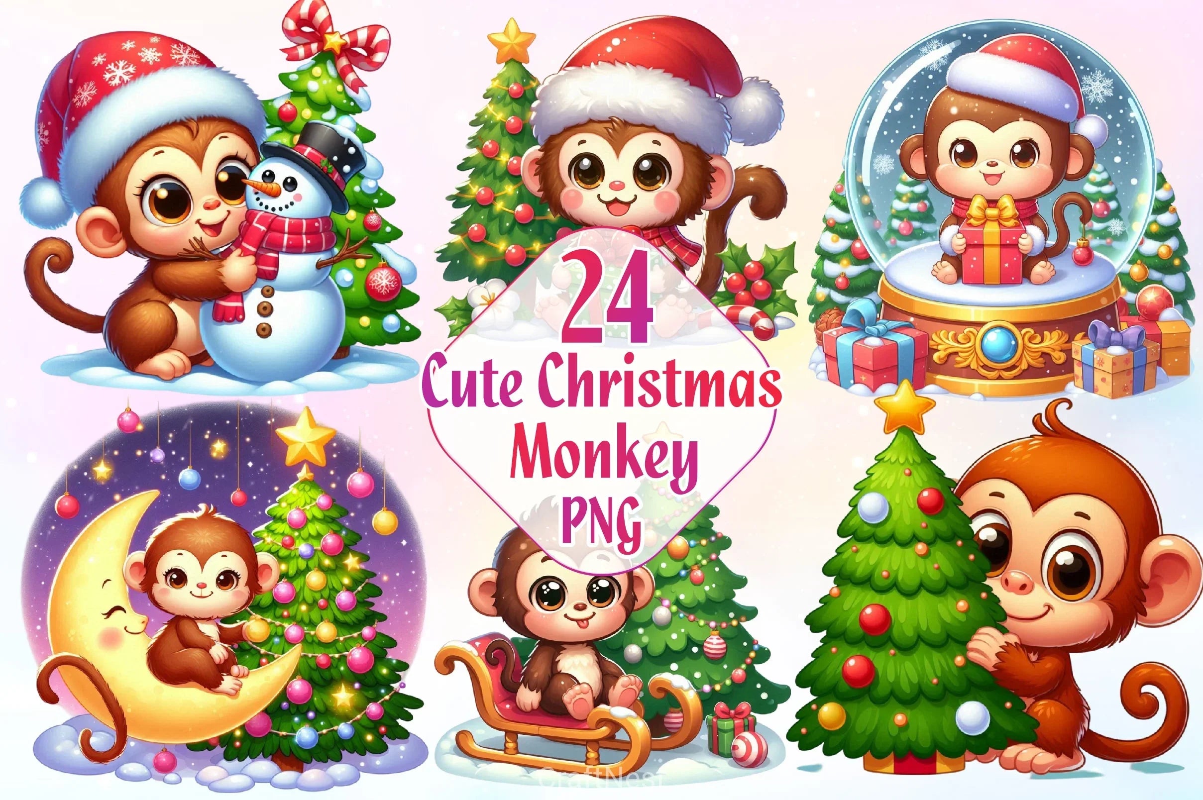 Cute Christmas Monkey Clipart Bundle - CraftNest - Digital Crafting and Art
