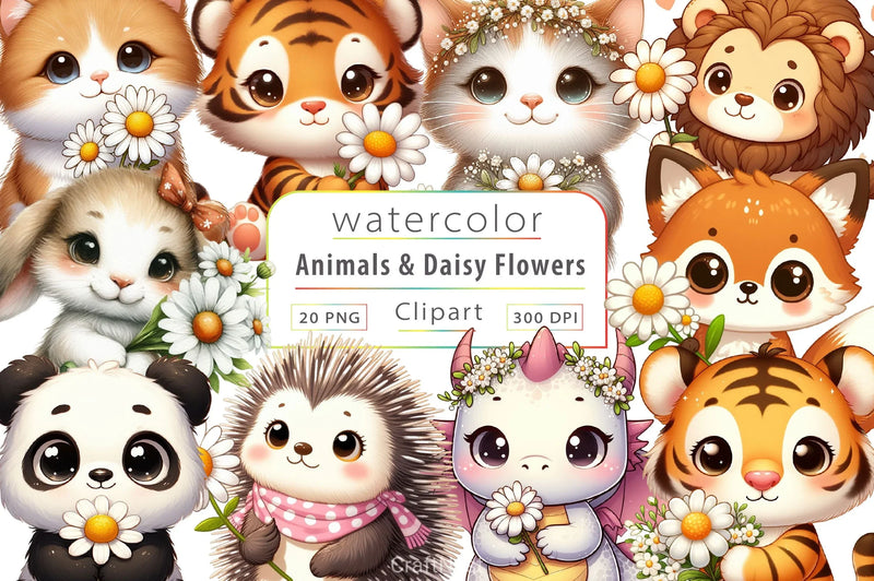 Cute Animals & Daisy Flowers Clipart Bundle 4 - CraftNest - Digital Crafting and Art