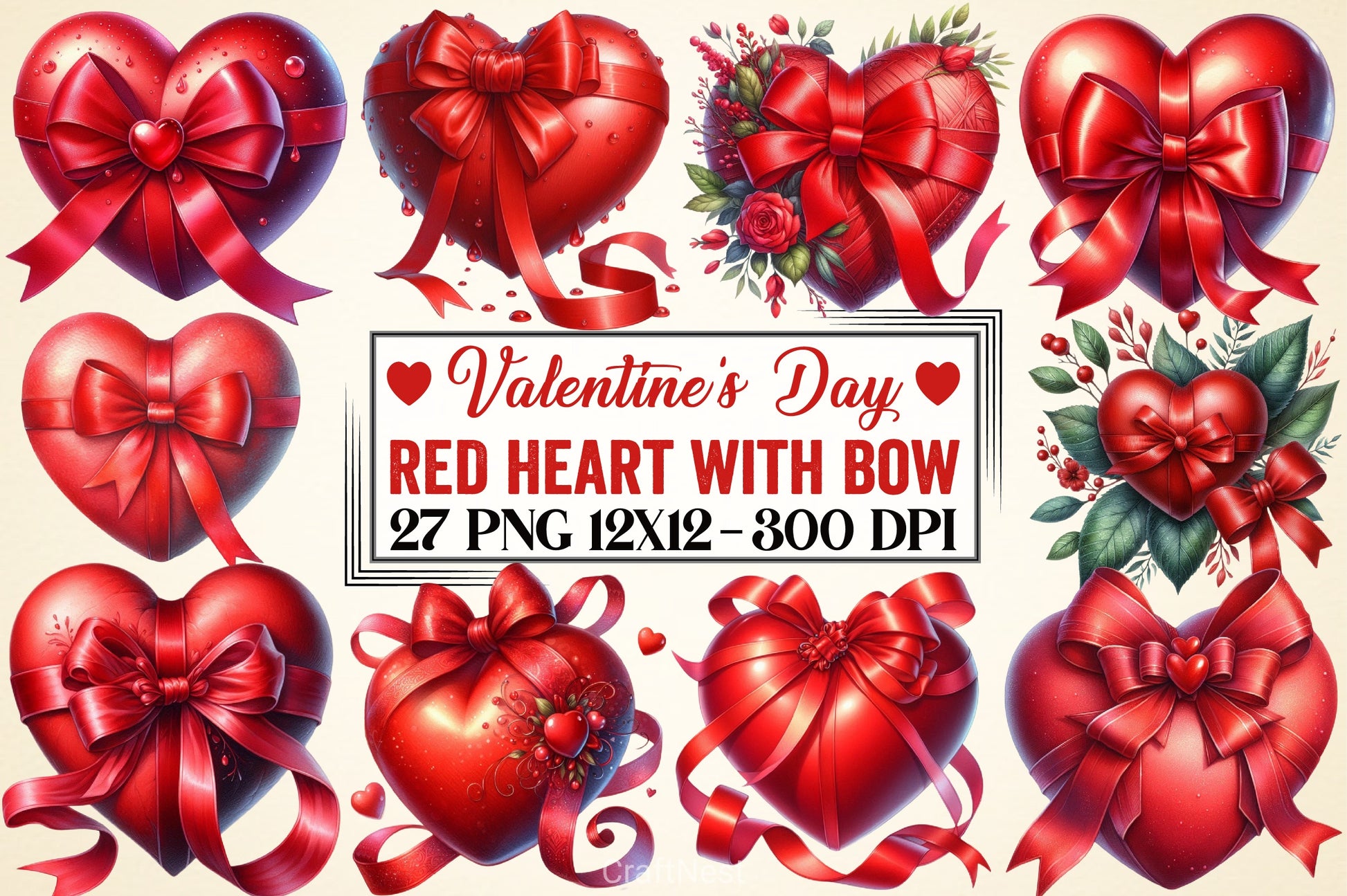 Valentine's Red Heart Bow Clipart Bundle - CraftNest - Digital Crafting and Art