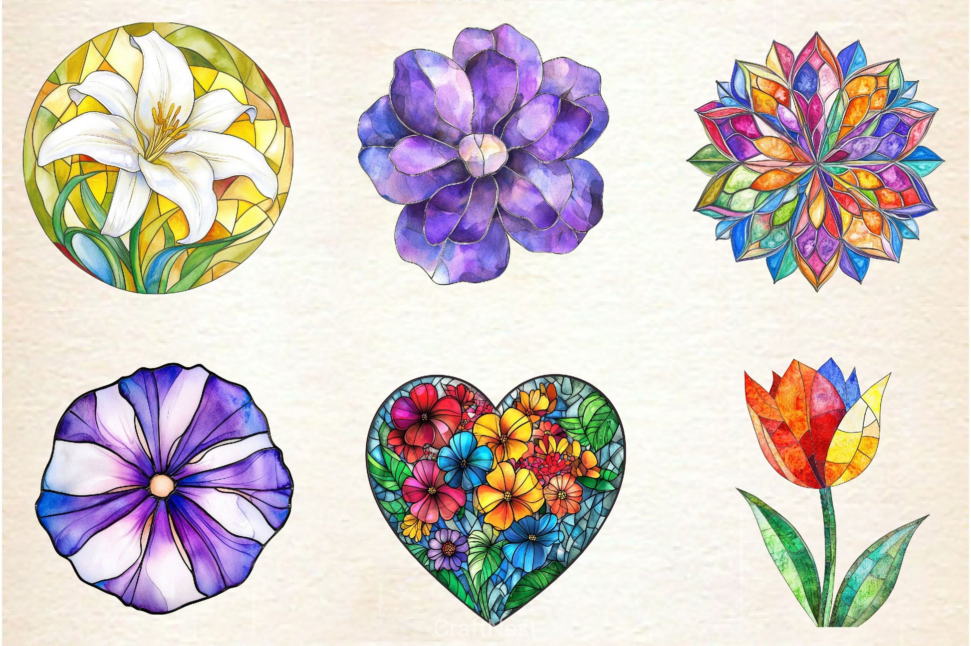 Stained Glass Spring Flowers Clipart Bundle - CraftNest - Digital Crafting and Art