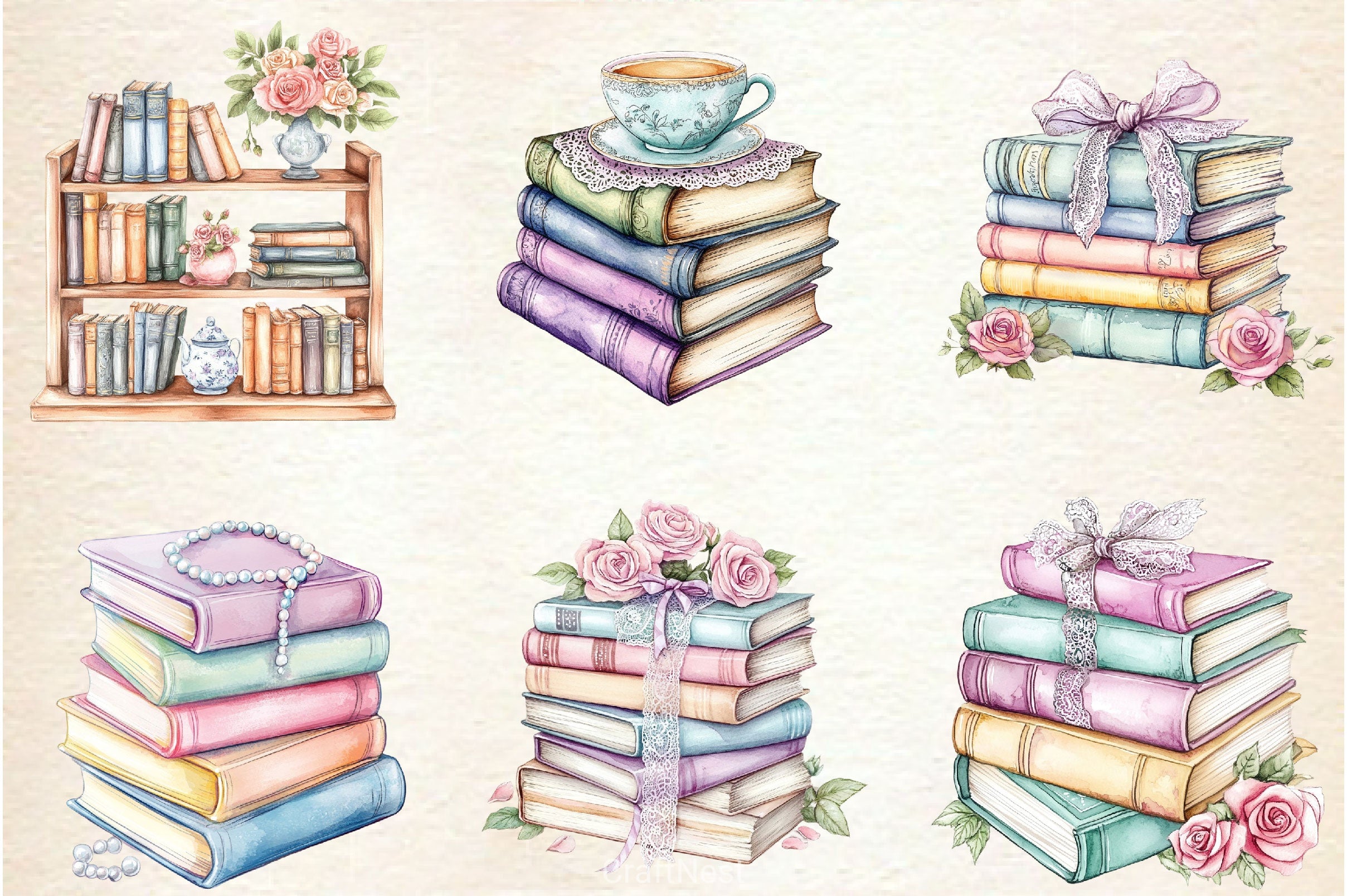 Pastel Cottage Shabby Chic Books Clipart Bundle - CraftNest - Digital Crafting and Art