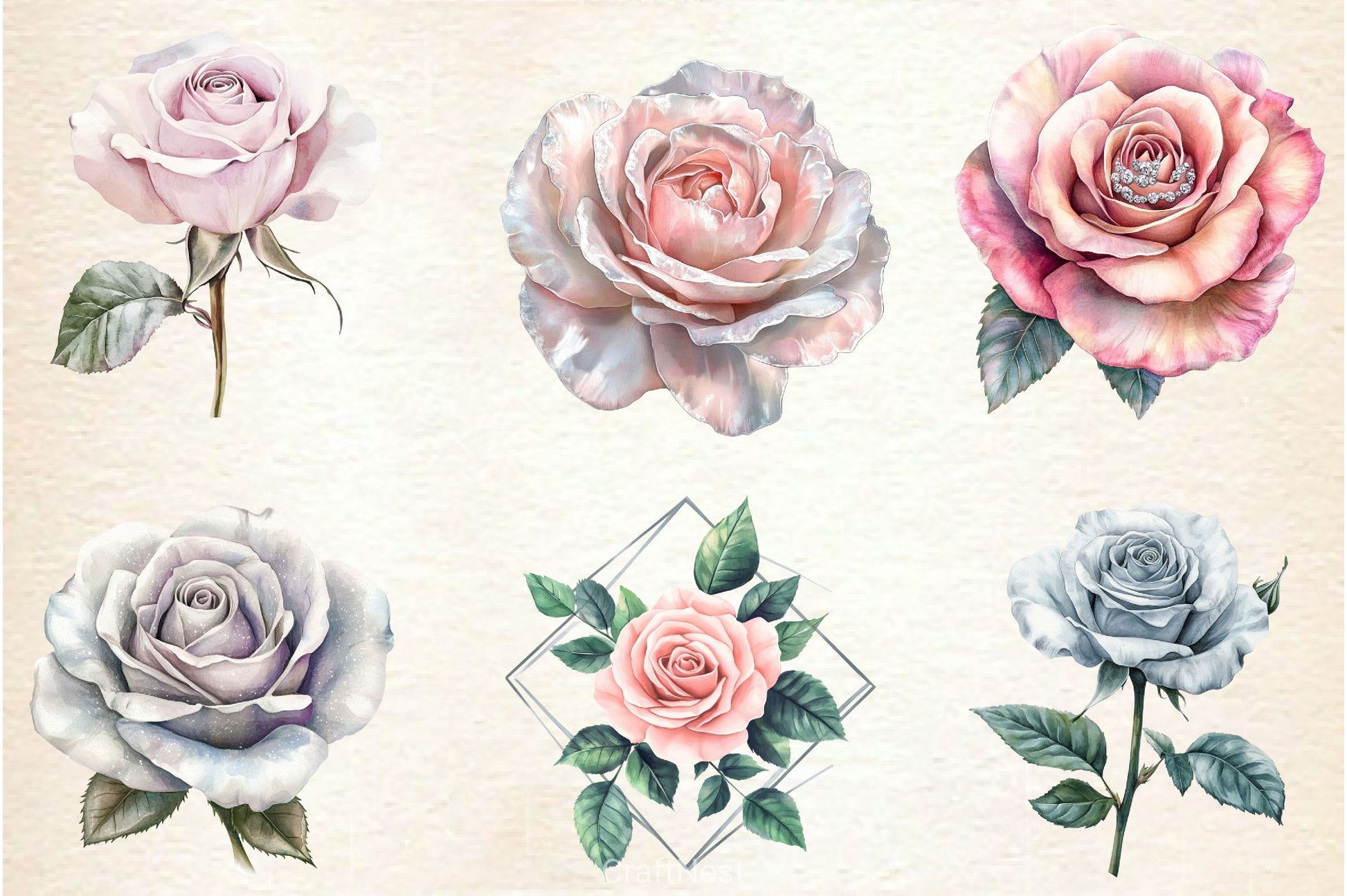 Blush And Silver Glam Roses Clipart Bundle - CraftNest - Digital Crafting and Art