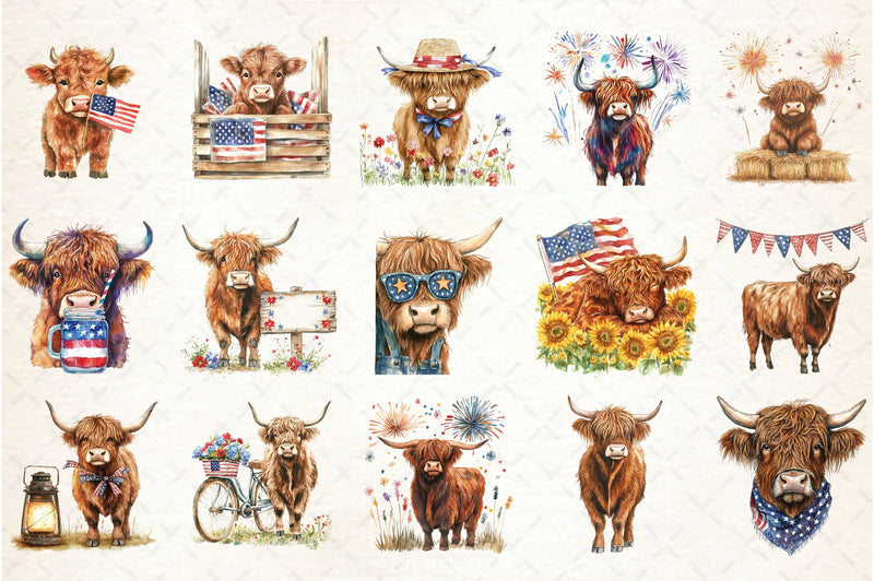 Patriotic Highland Cow Clipart Bundle 3 - CraftNest - Digital Crafting and Art