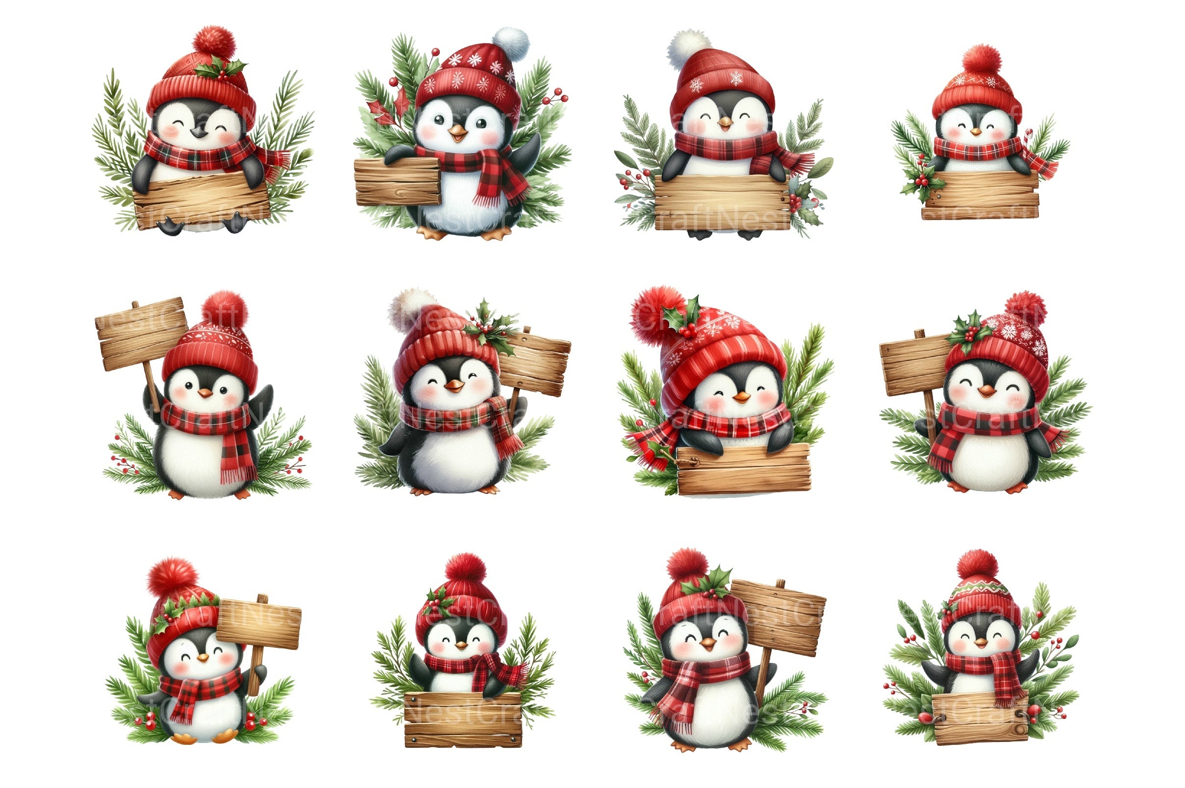 Christmas Penguin Watercolor Clipart Bundle - CraftNest - Digital Crafting and Art