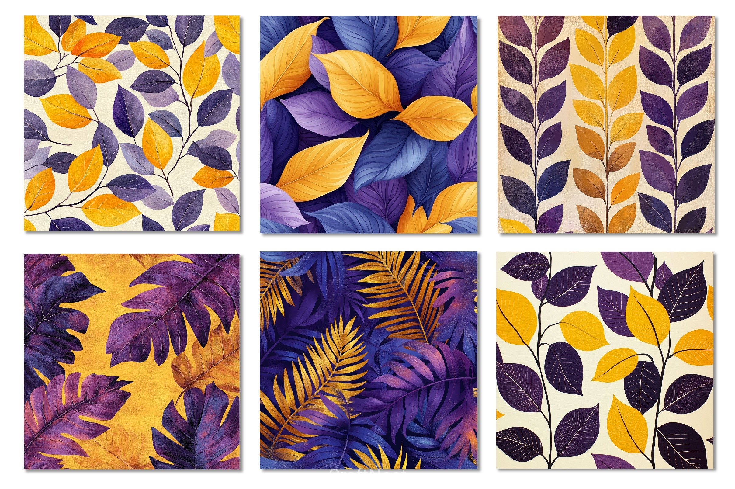 Yellow Purple Boho Leaves Digital Papers - CraftNest - Digital Crafting and Art