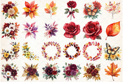 Burgundy Autumn Leaves & Flowers Clipart Bundle - CraftNest - Digital Crafting and Art