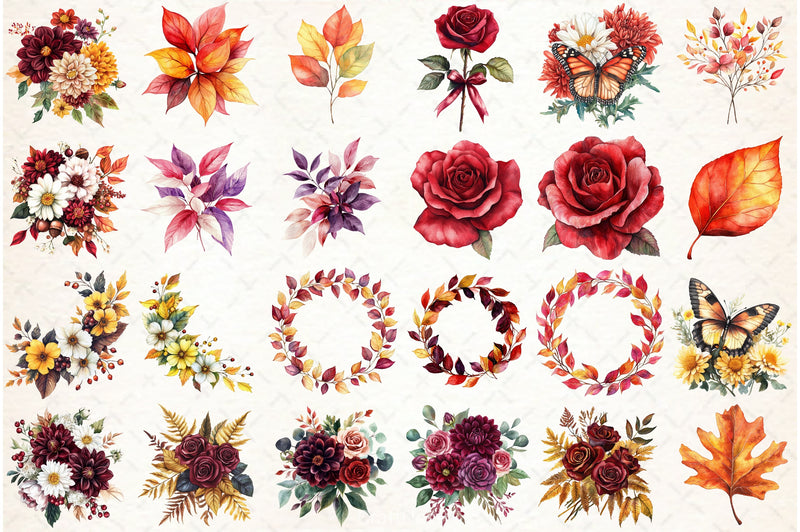 Burgundy Autumn Leaves & Flowers Clipart Bundle - CraftNest - Digital Crafting and Art