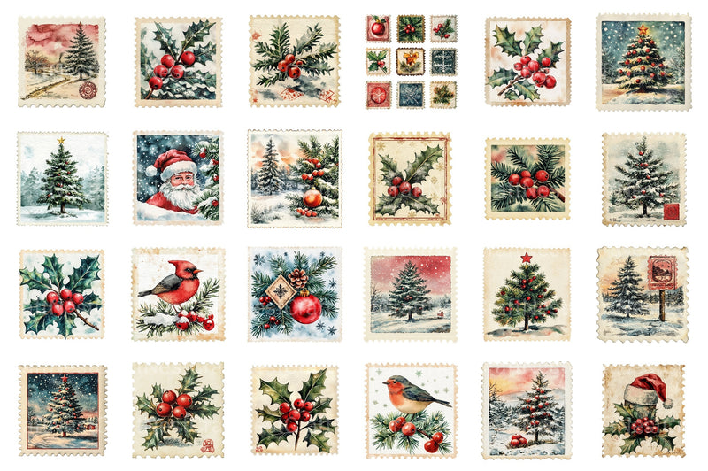 Vintage Christmas Stamps: Retro Santa, Snowman, Tree Clipart Bundle 98 - CraftNest - Digital Crafting and Art