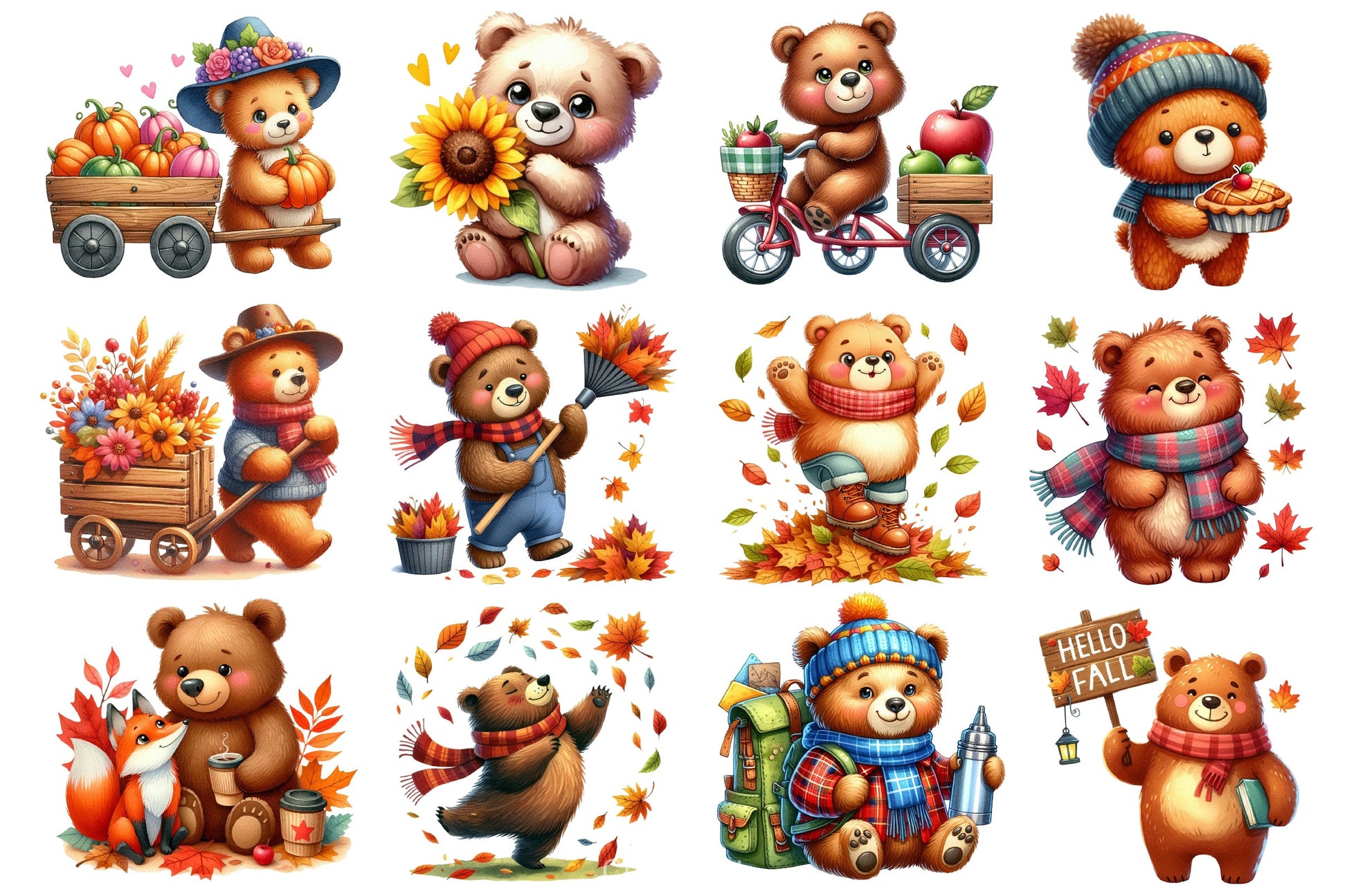 Cute Bear Character In Autumn Season Clipart Bundle - CraftNest - Digital Crafting and Art