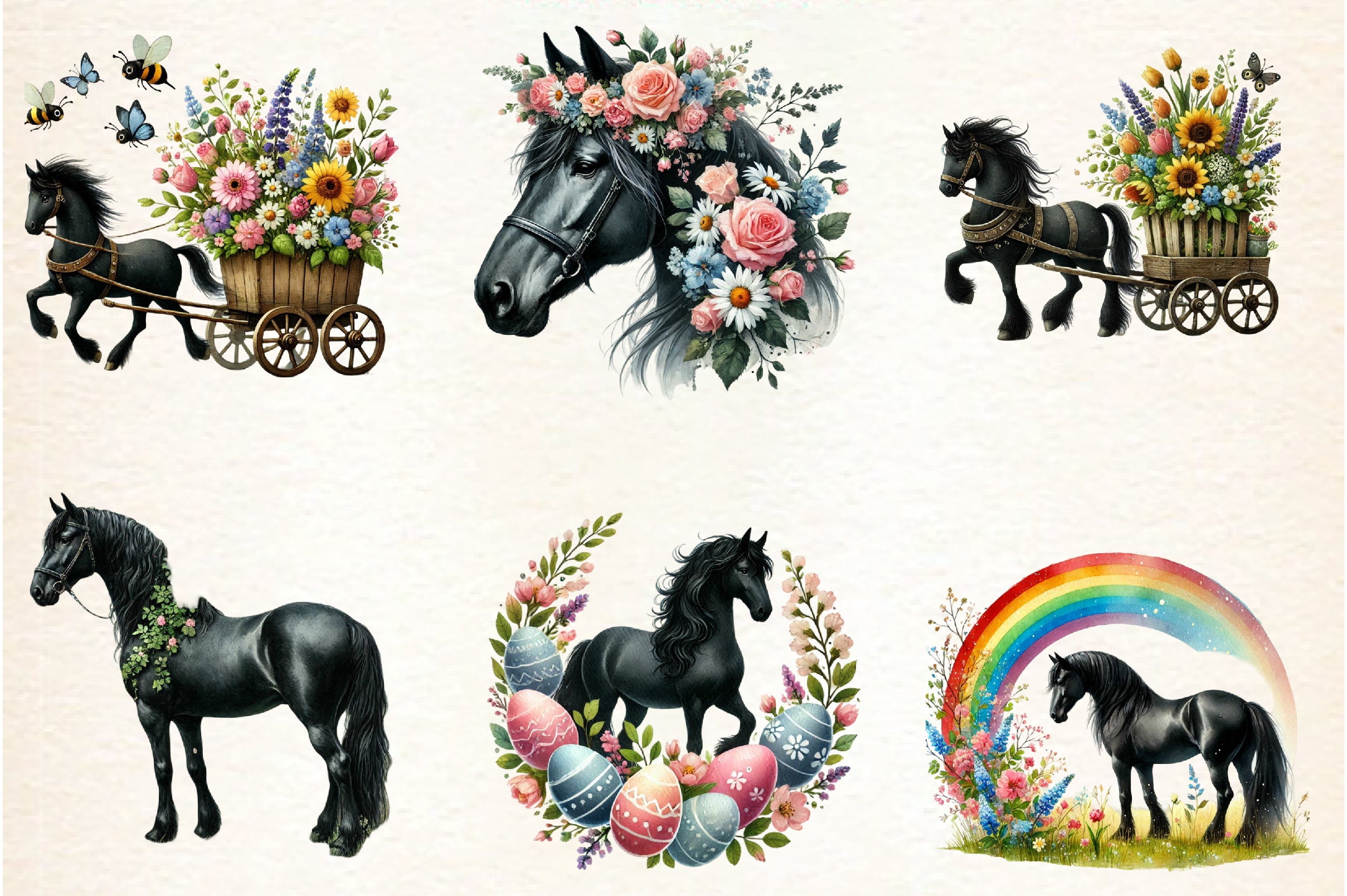 Spring Black Horse Clipart Bundle
