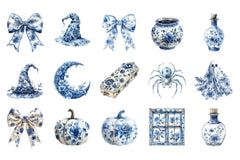 Blue & Ivory Chinoiserie Halloween Clipart Bundle - CraftNest - Digital Crafting and Art