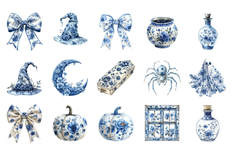 Blue & Ivory Chinoiserie Halloween Clipart Bundle - CraftNest - Digital Crafting and Art