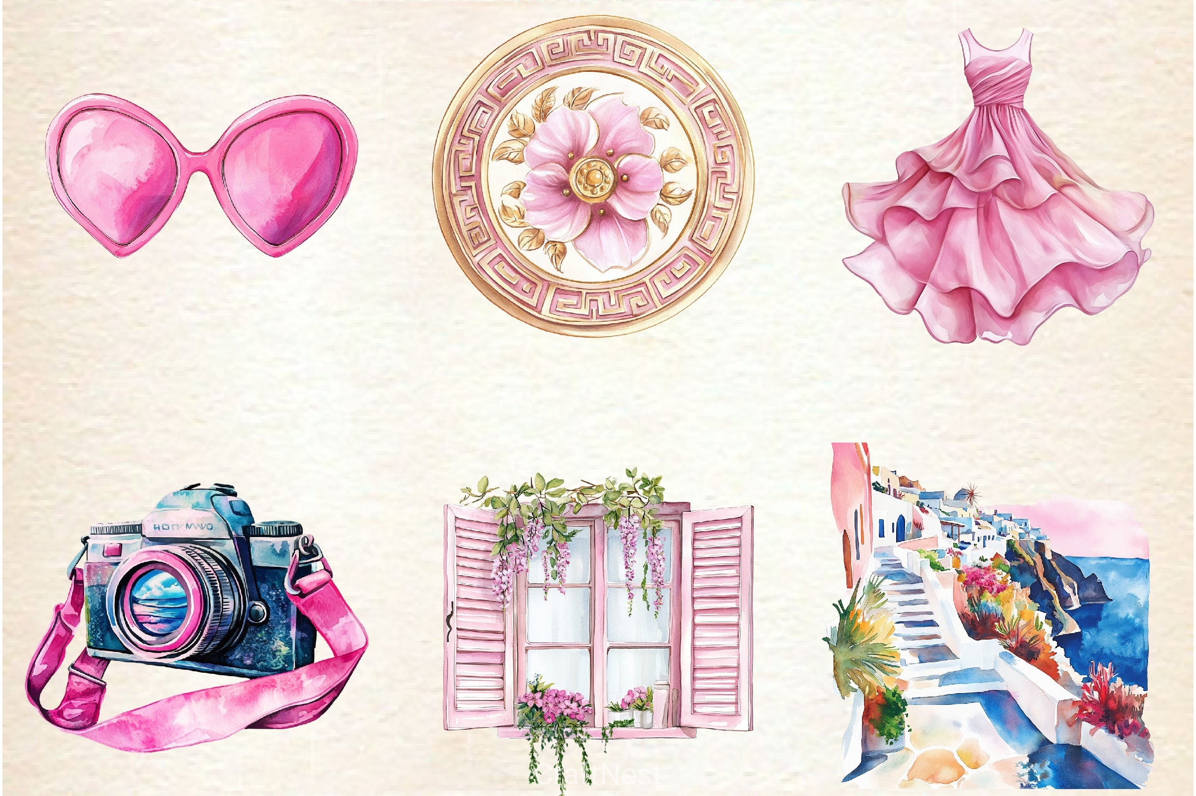 Pink Summer Santorini Travel Clipart Bundle 2 - CraftNest - Digital Crafting and Art
