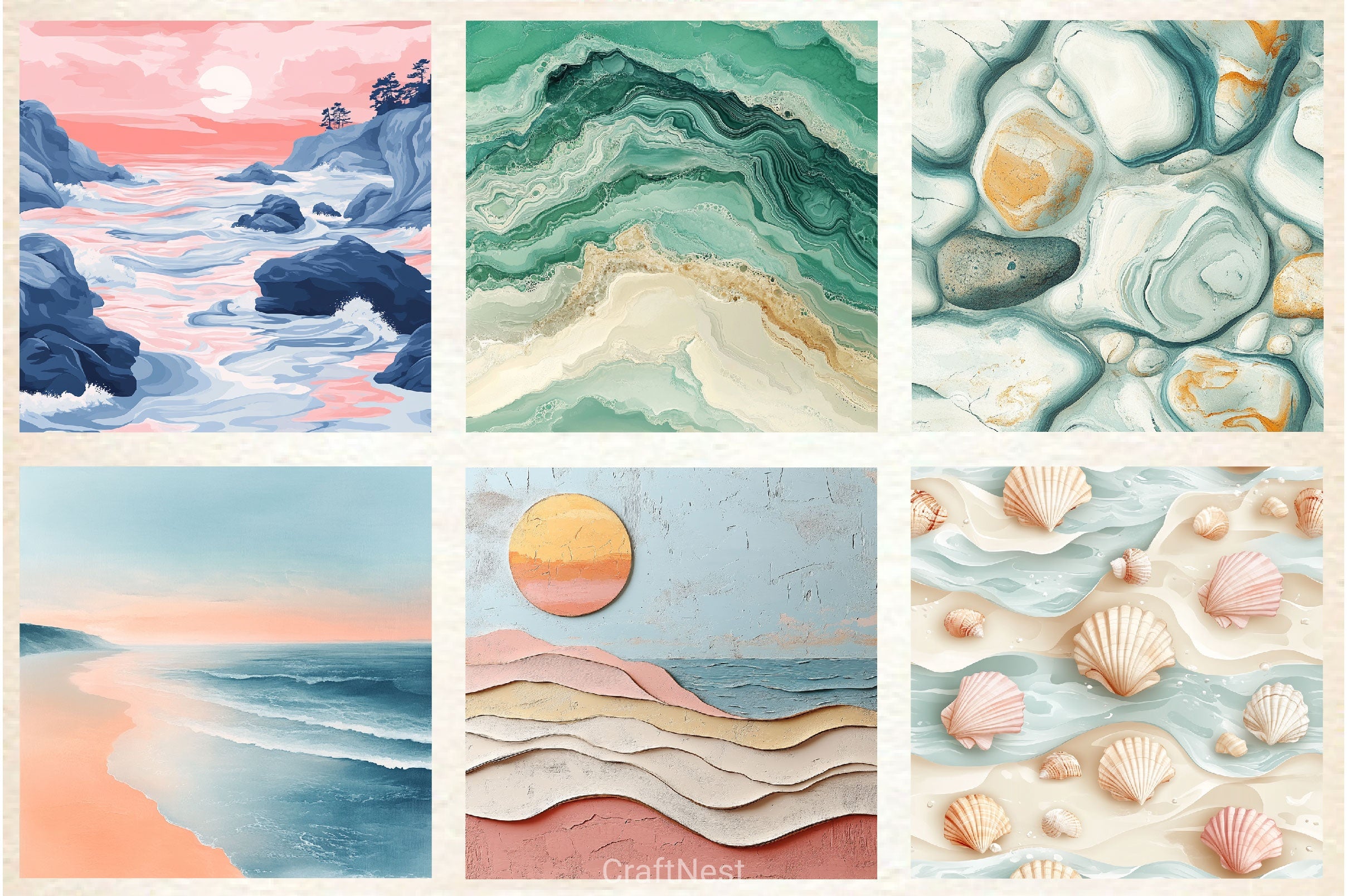 Serene Pastel Beach Coast Digital Papers - CraftNest - Digital Crafting and Art