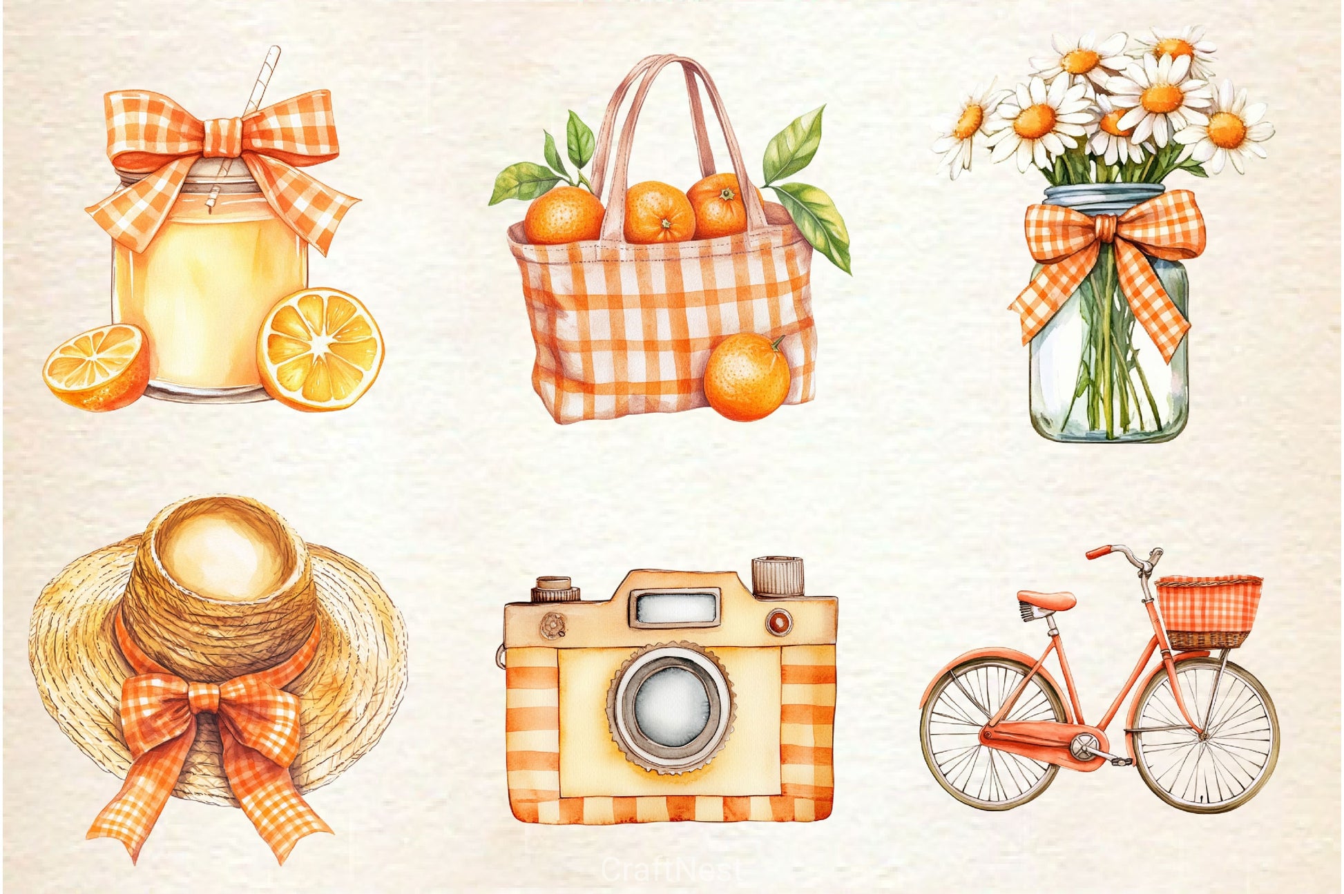 Orange Gingham Summer Clipart Bundle - CraftNest - Digital Crafting and Art