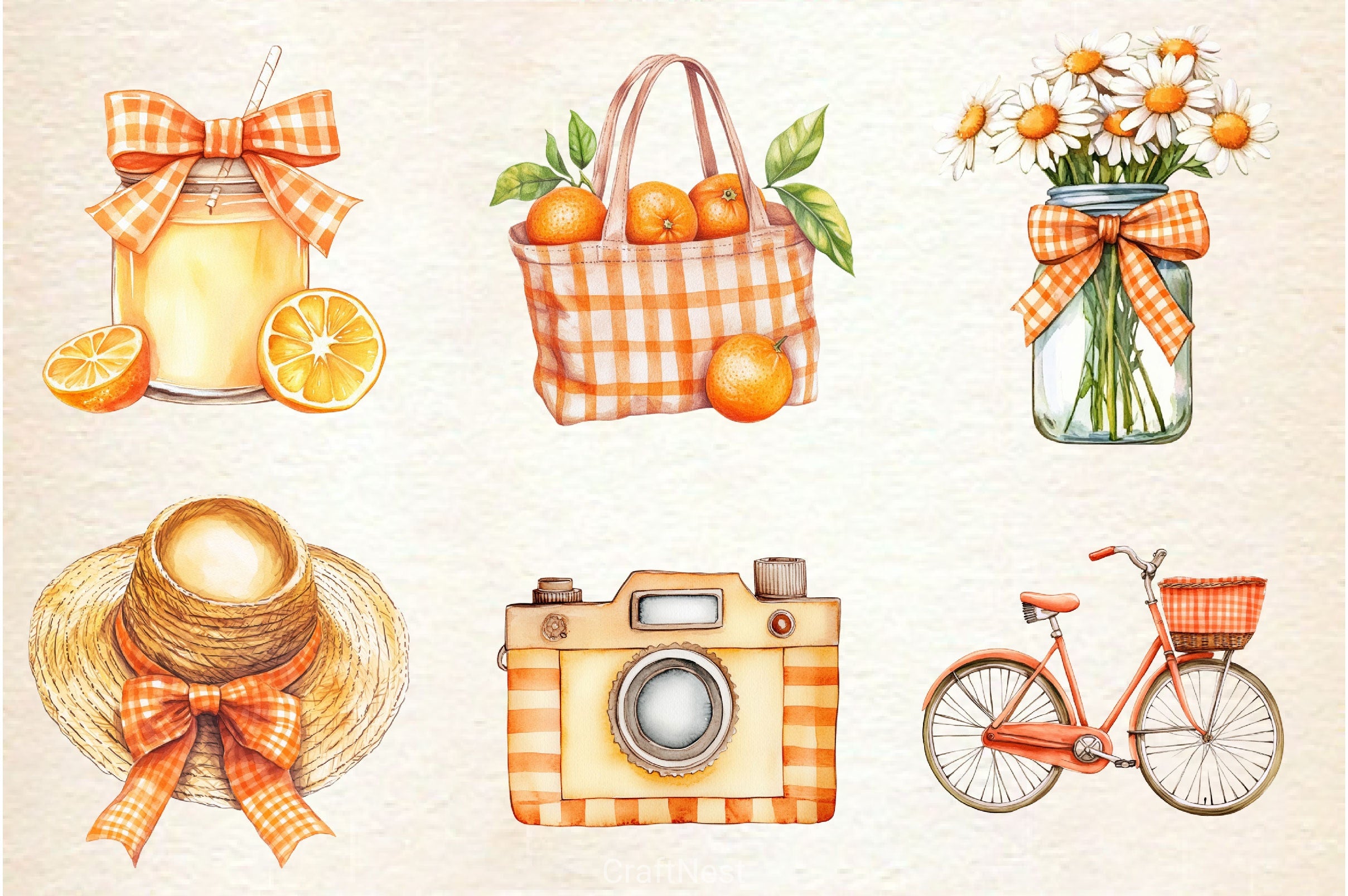 Orange Gingham Summer Clipart Bundle - CraftNest - Digital Crafting and Art
