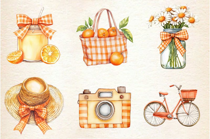 Orange Gingham Summer Clipart Bundle - CraftNest - Digital Crafting and Art