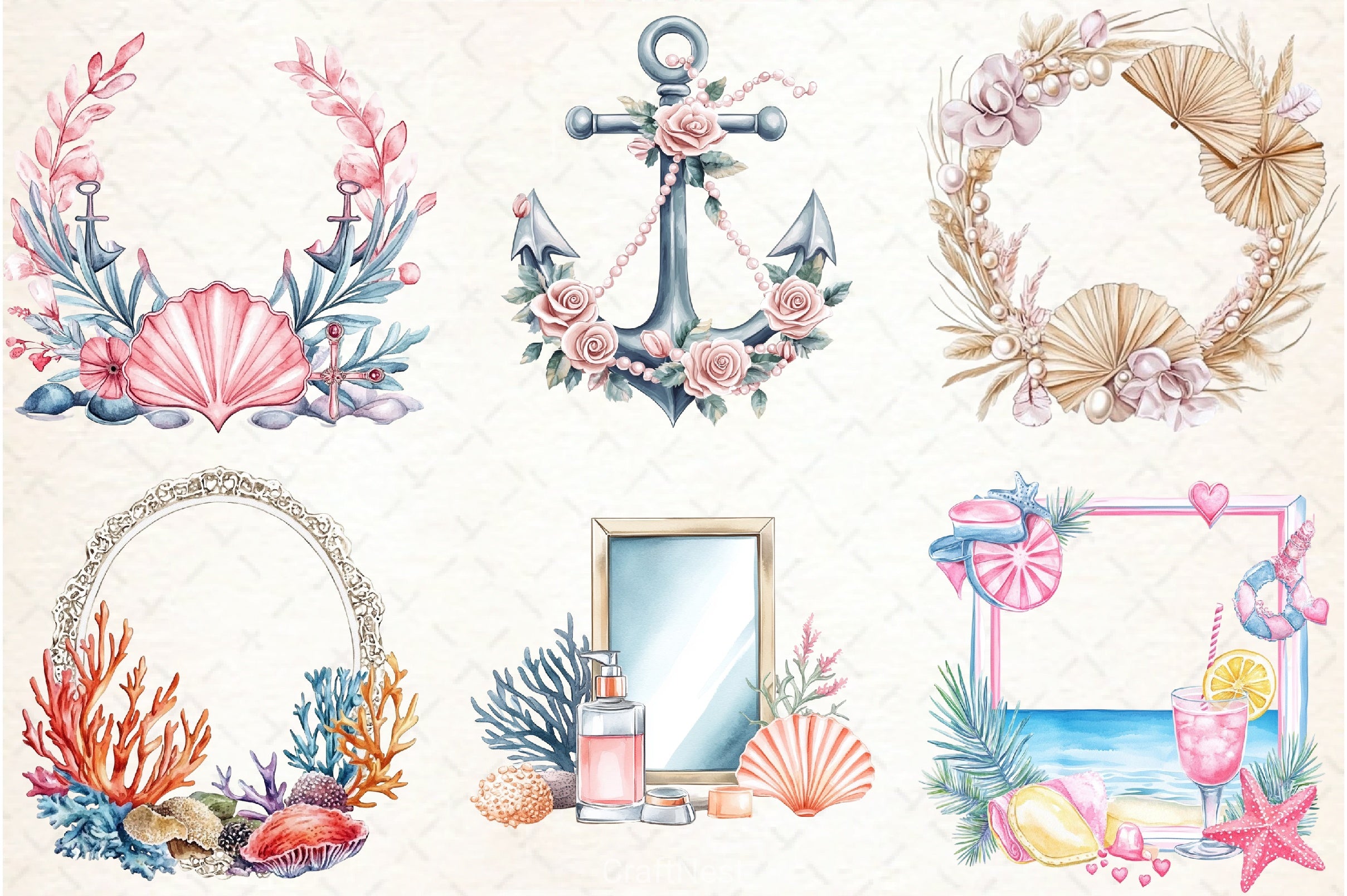 Coquette Coastal Summer Frame Clipart Bundle 1 - CraftNest - Digital Crafting and Art