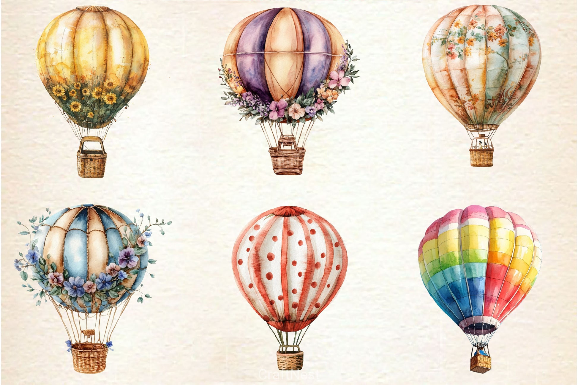 Summer Whimsical Hot Air Balloons Clipart Bundle - CraftNest - Digital Crafting and Art