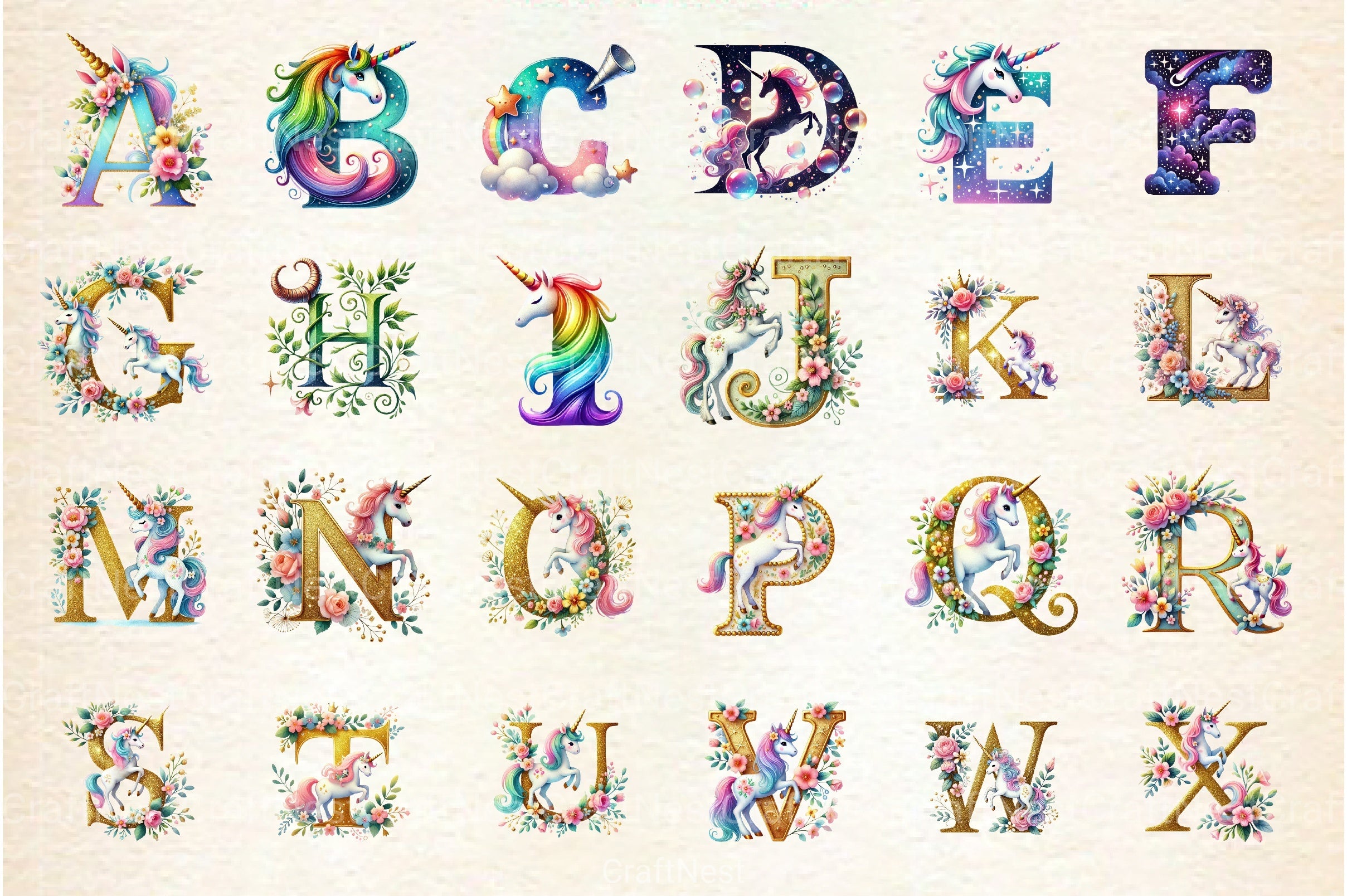 Unicorn Alphabet Clipart Bundle - CraftNest - Digital Crafting and Art