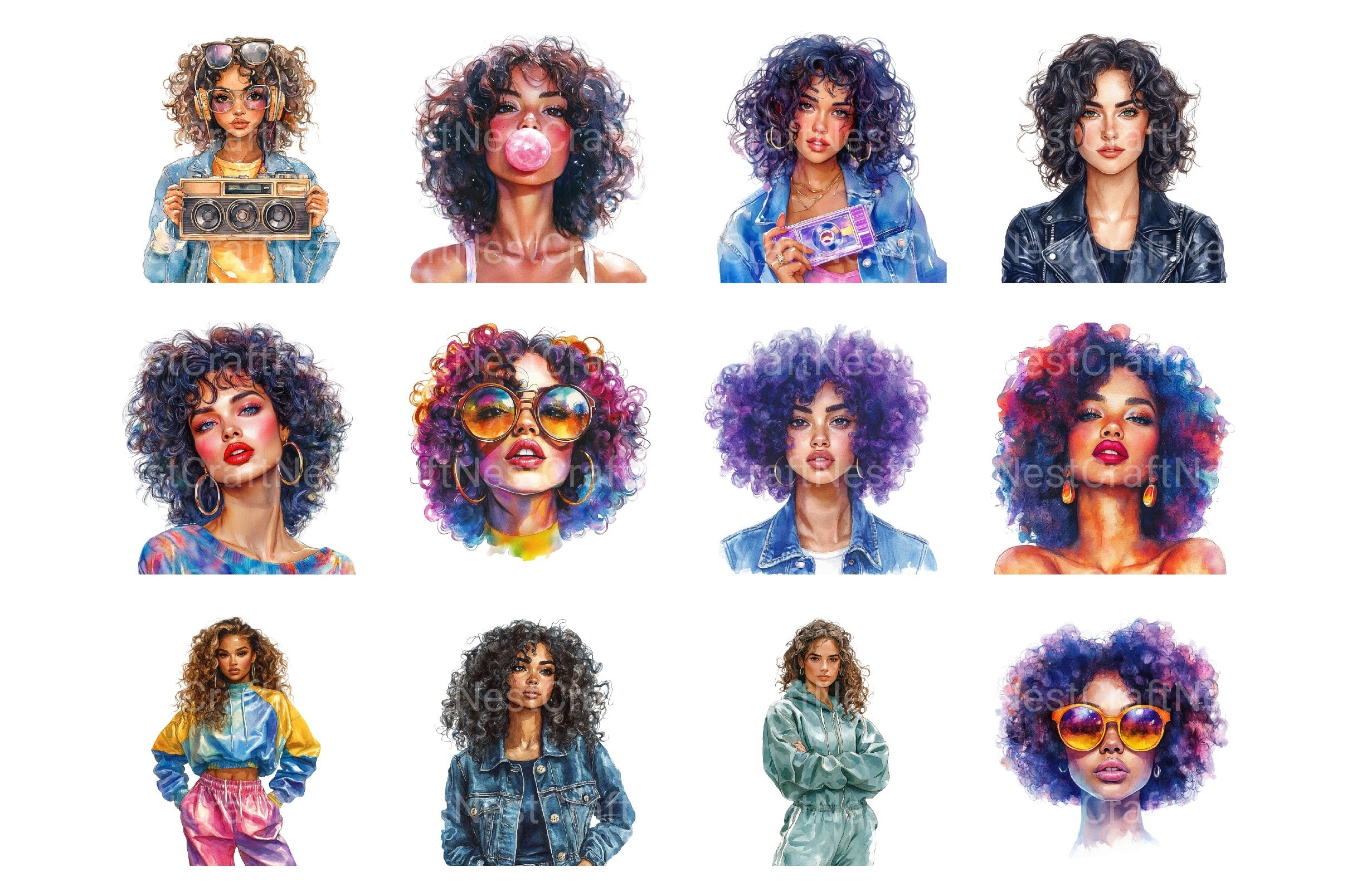 1980s Curly Hair Woman Clipart Bundle - CraftNest - Digital Crafting and Art