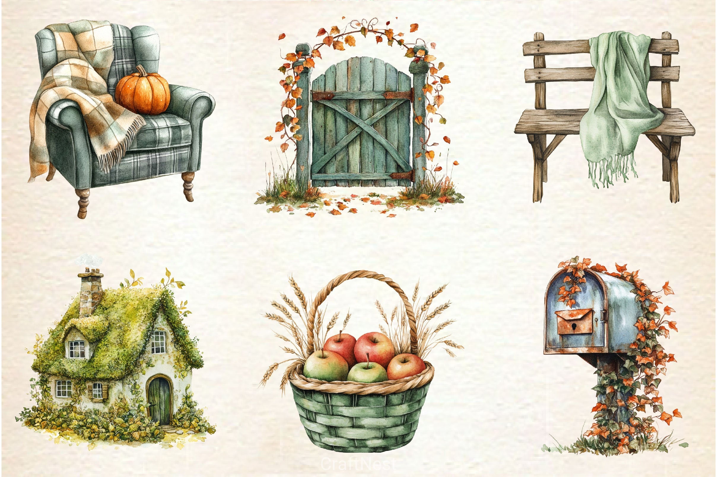 Cozy Green Autumn Clipart Bundle - CraftNest - Digital Crafting and Art
