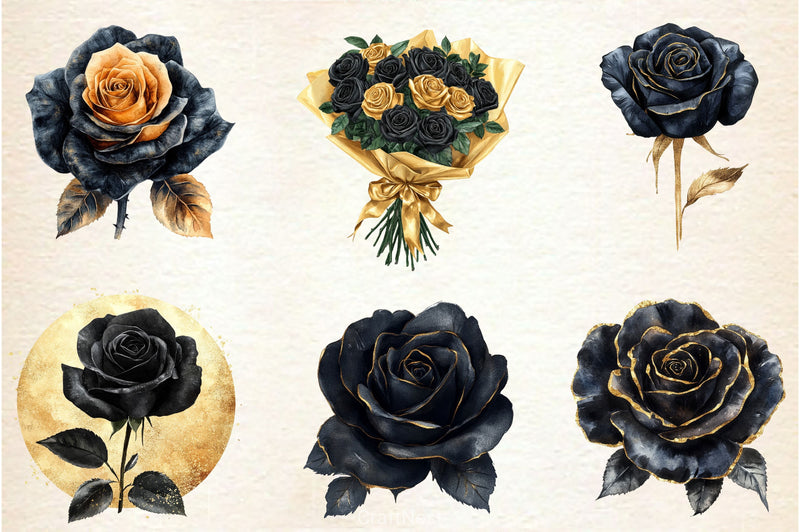 Black And Gold Glam Roses Clipart Bundle - CraftNest - Digital Crafting and Art