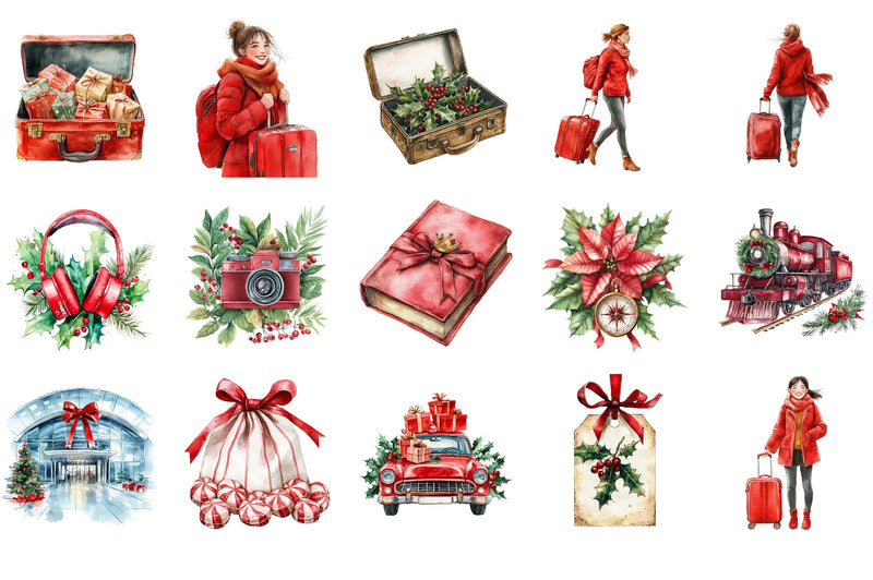 Christmas Travel Watercolor Clipart Bundle - CraftNest - Digital Crafting and Art