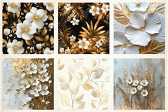 White Gold Boho Floral Leaves Background Clipart Bundle - CraftNest - Digital Crafting and Art