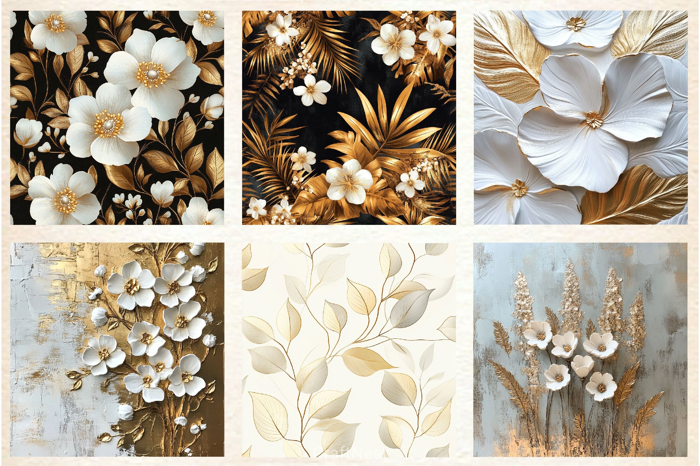 White Gold Boho Floral Leaves Background Clipart Bundle - CraftNest - Digital Crafting and Art