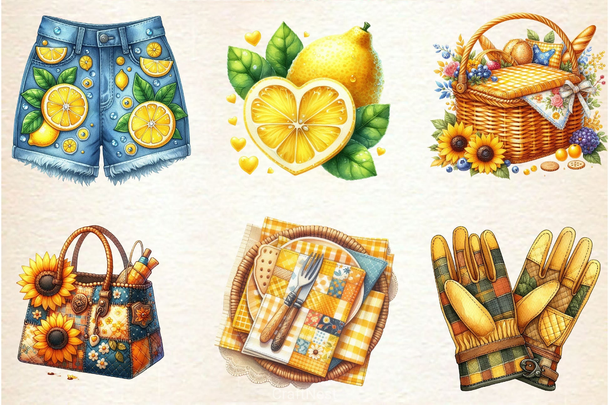 Yellow Patchwork Summer Clipart Bundle 3 - CraftNest - Digital Crafting and Art