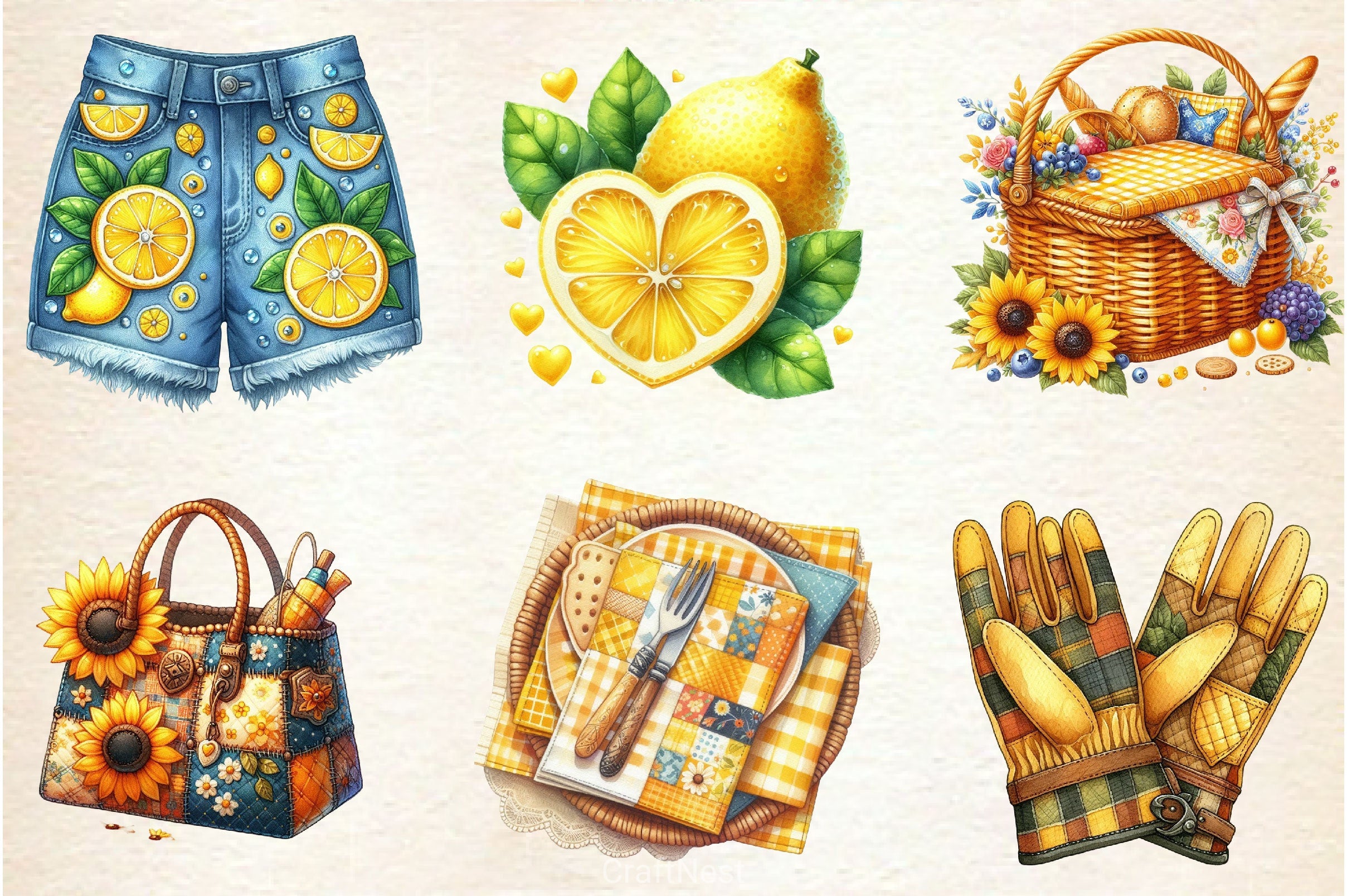 Yellow Patchwork Summer Clipart Bundle 3 - CraftNest - Digital Crafting and Art