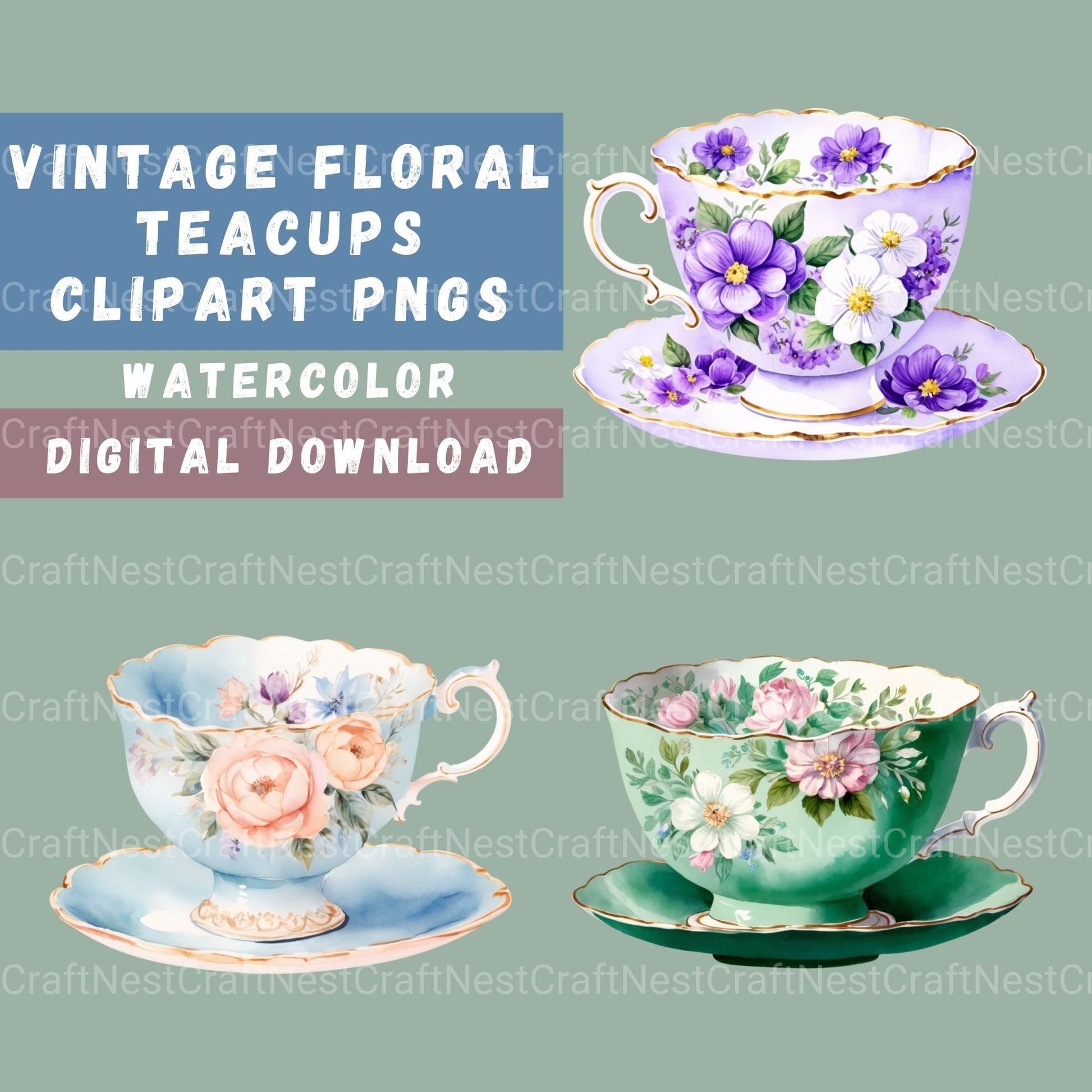 Teacups Vintage Clipart Bundle - CraftNest - Digital Crafting and Art