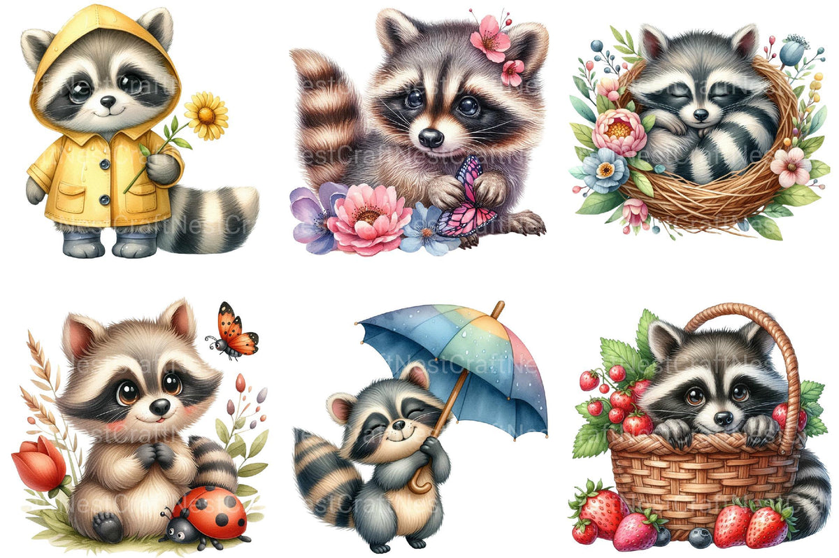Spring Raccoon Pattern Spring Cute Raccoon Clipart
