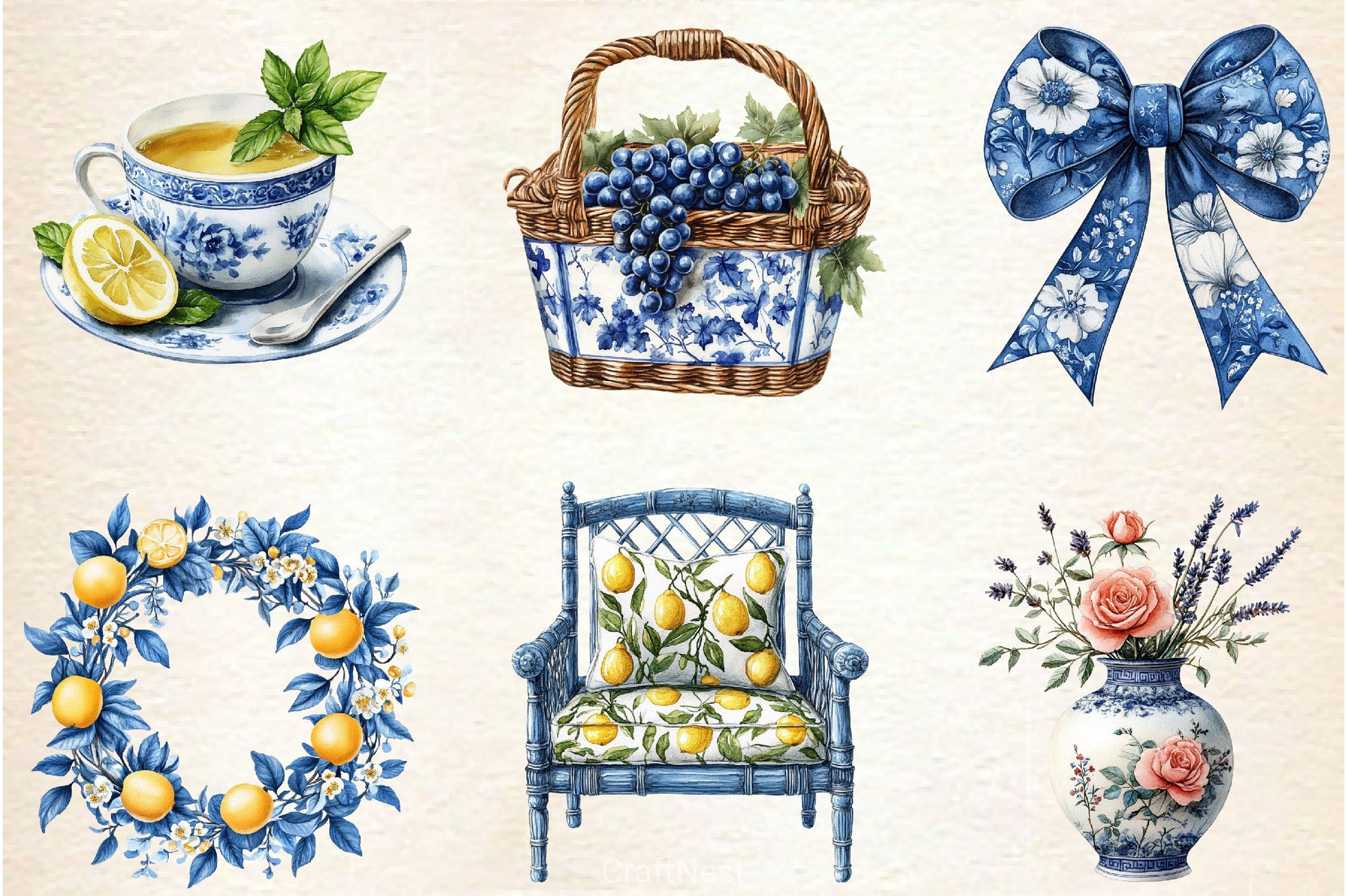 Blue Chinoiserie Summer Clipart Bundle 3 - CraftNest - Digital Crafting and Art