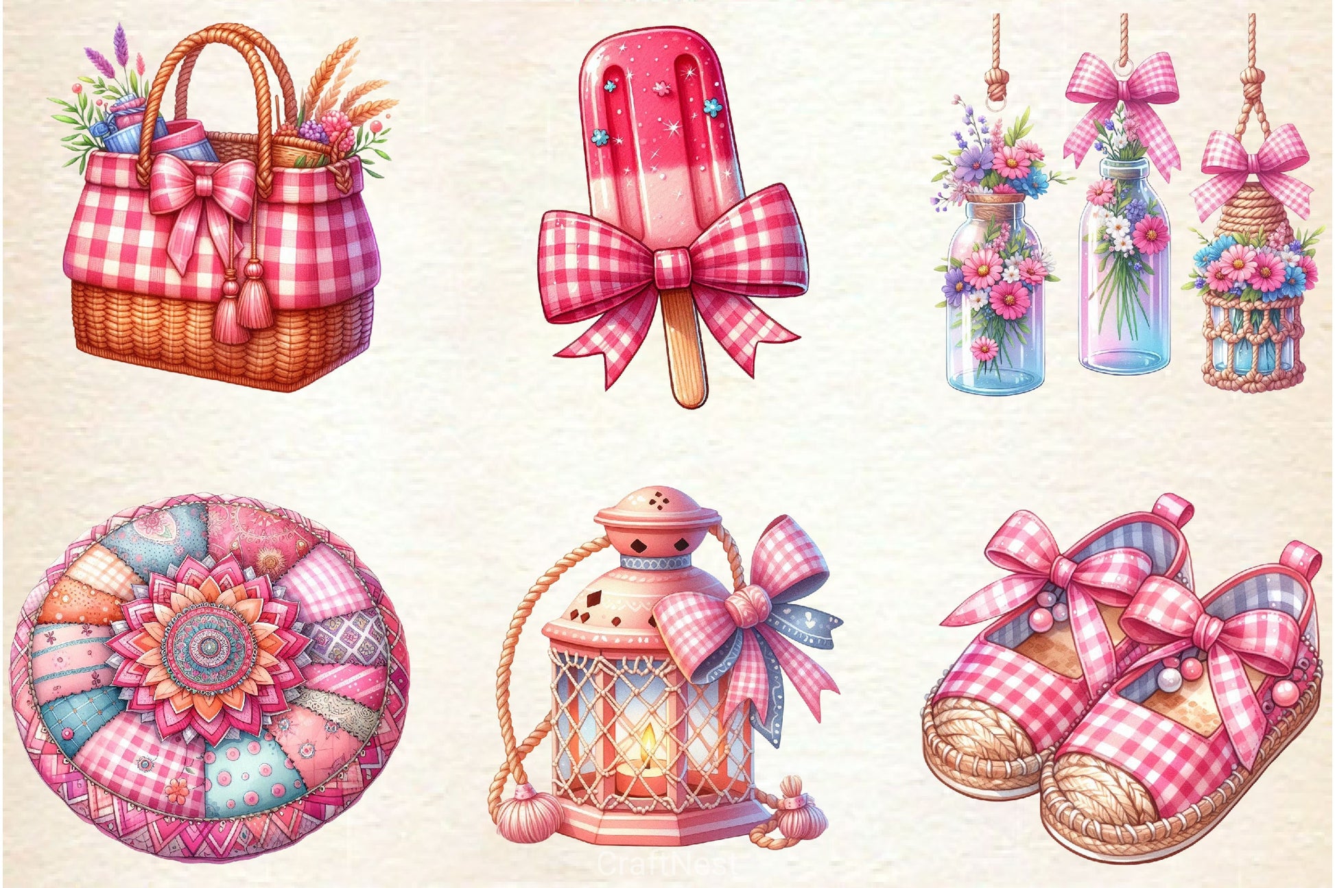Bohemian Pink Gingham Summer Clipart Bundle 2 - CraftNest - Digital Crafting and Art